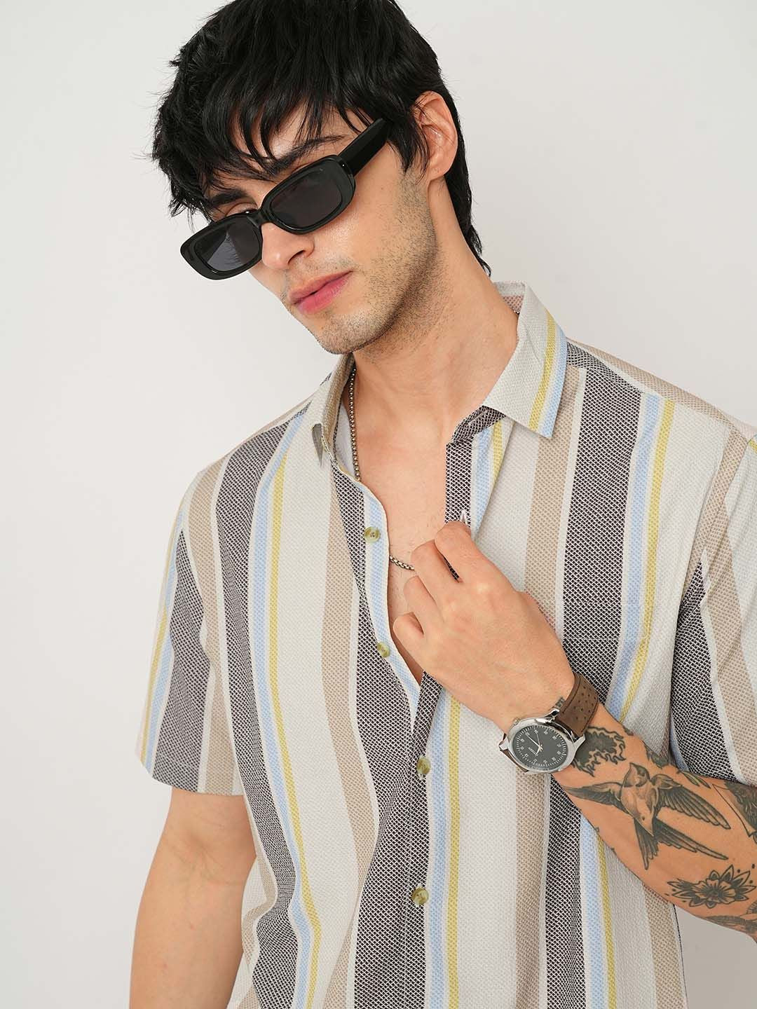 VASTRADO Men Classic Cutaway Collar Multi Striped Slim Fit Casual Shirt