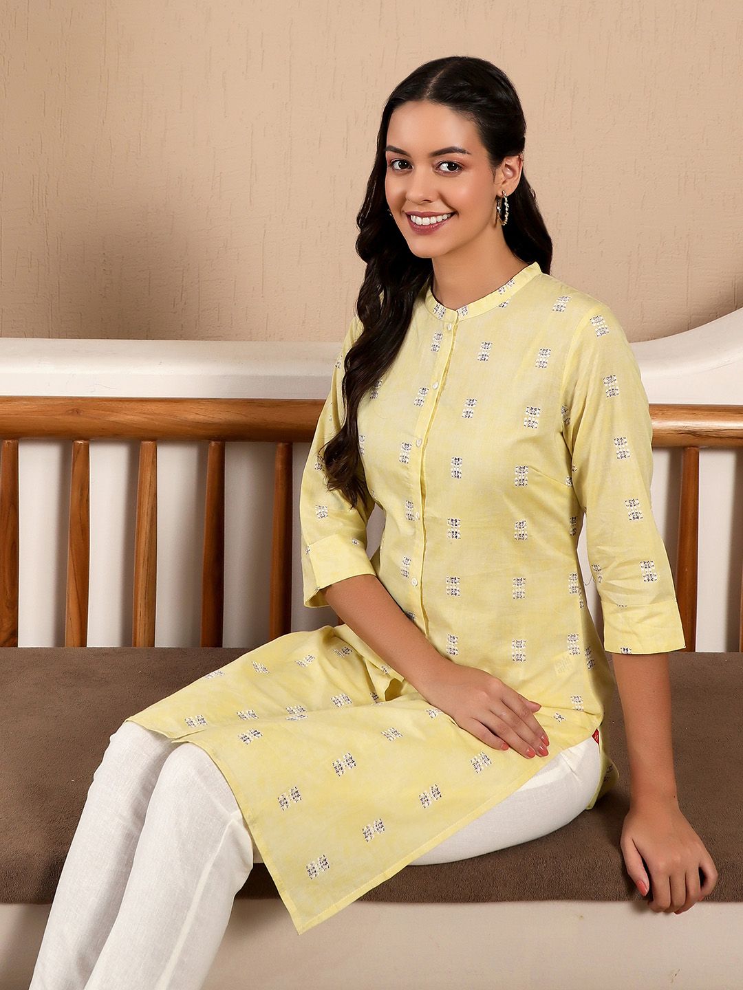 W Wanita Kurta Cotton Printed Geometric Kuning