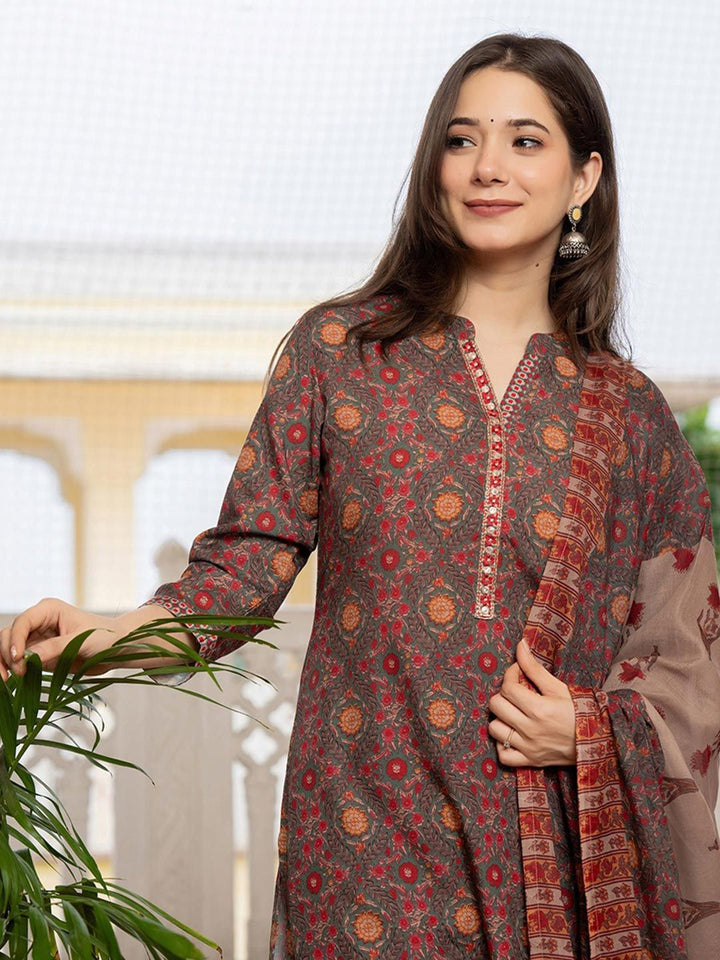 KALINI Floral Printed Sequinned Straight Kurta With Trousers & Dupatta