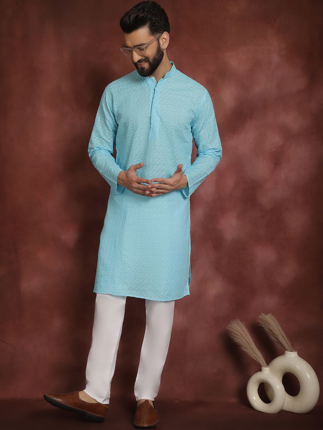 SOJANYA Lelaki Biru Sulam Kurta Lurus