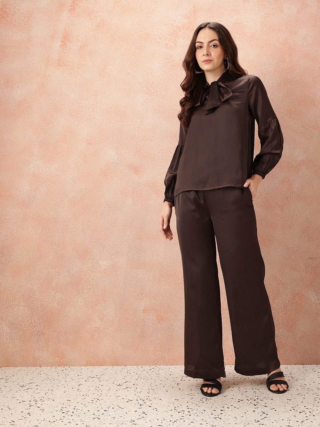 all about you Tie-Up Neck Satin-Finish Top with Wide Leg Trousers