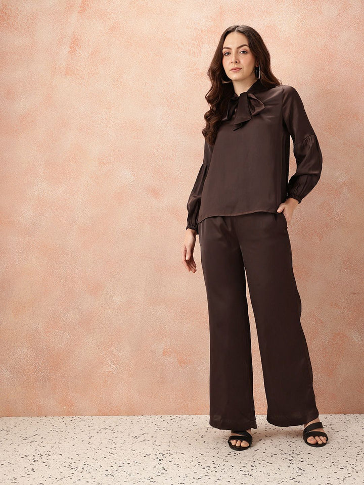 all about you Tie-Up Neck Satin-Finish Top with Wide Leg Trousers