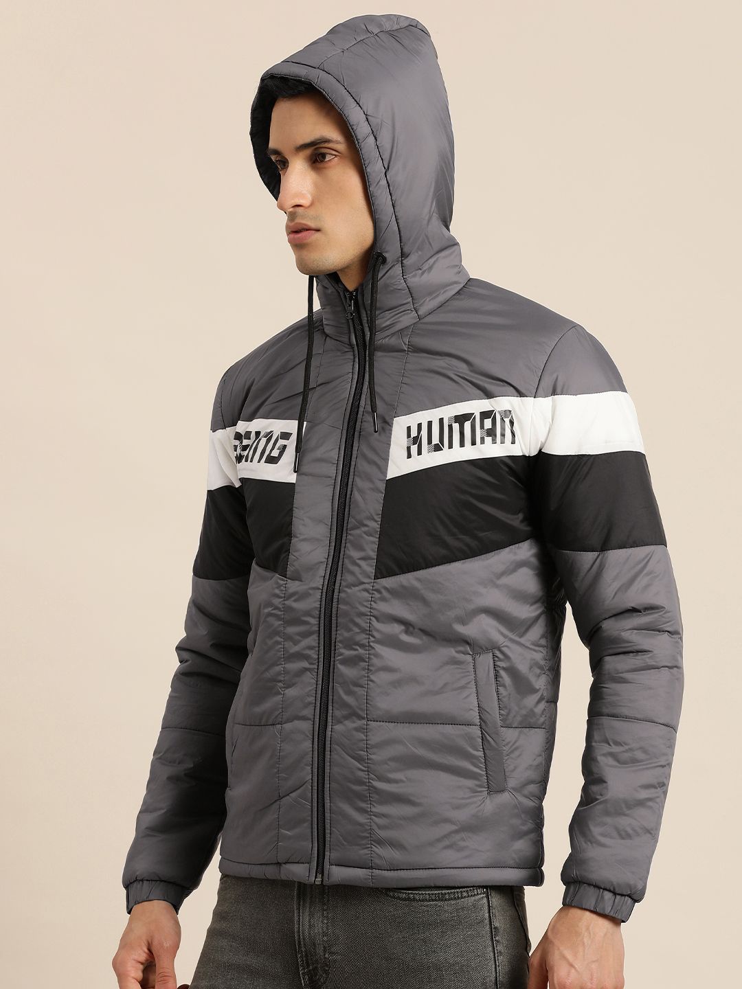 Being Human Men Grey Striped Hooded Padded Jacket with Brand Logo Detail