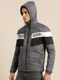 Being Human Men Grey Striped Hooded Padded Jacket with Brand Logo Detail