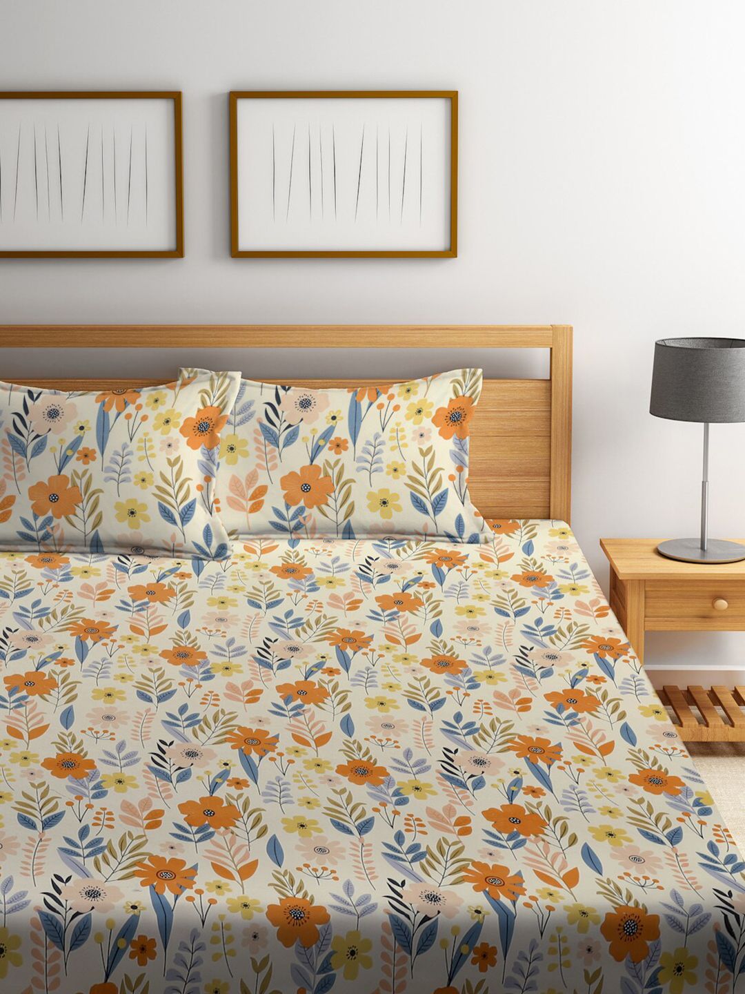KLOTTHE Floral 300 TC Cotton Blend Fitted Double Super King Bedsheet with 2 Pillow covers