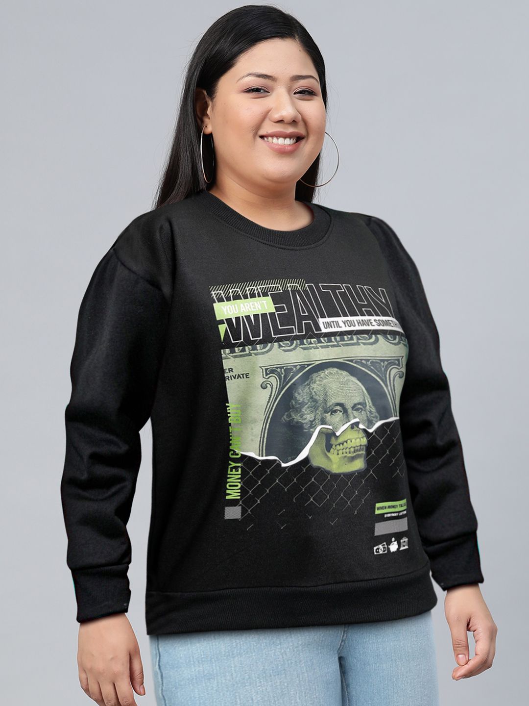 Tokyo Talkies Black Graphic Printed Round Neck Oversized Pullover Sweatshirt