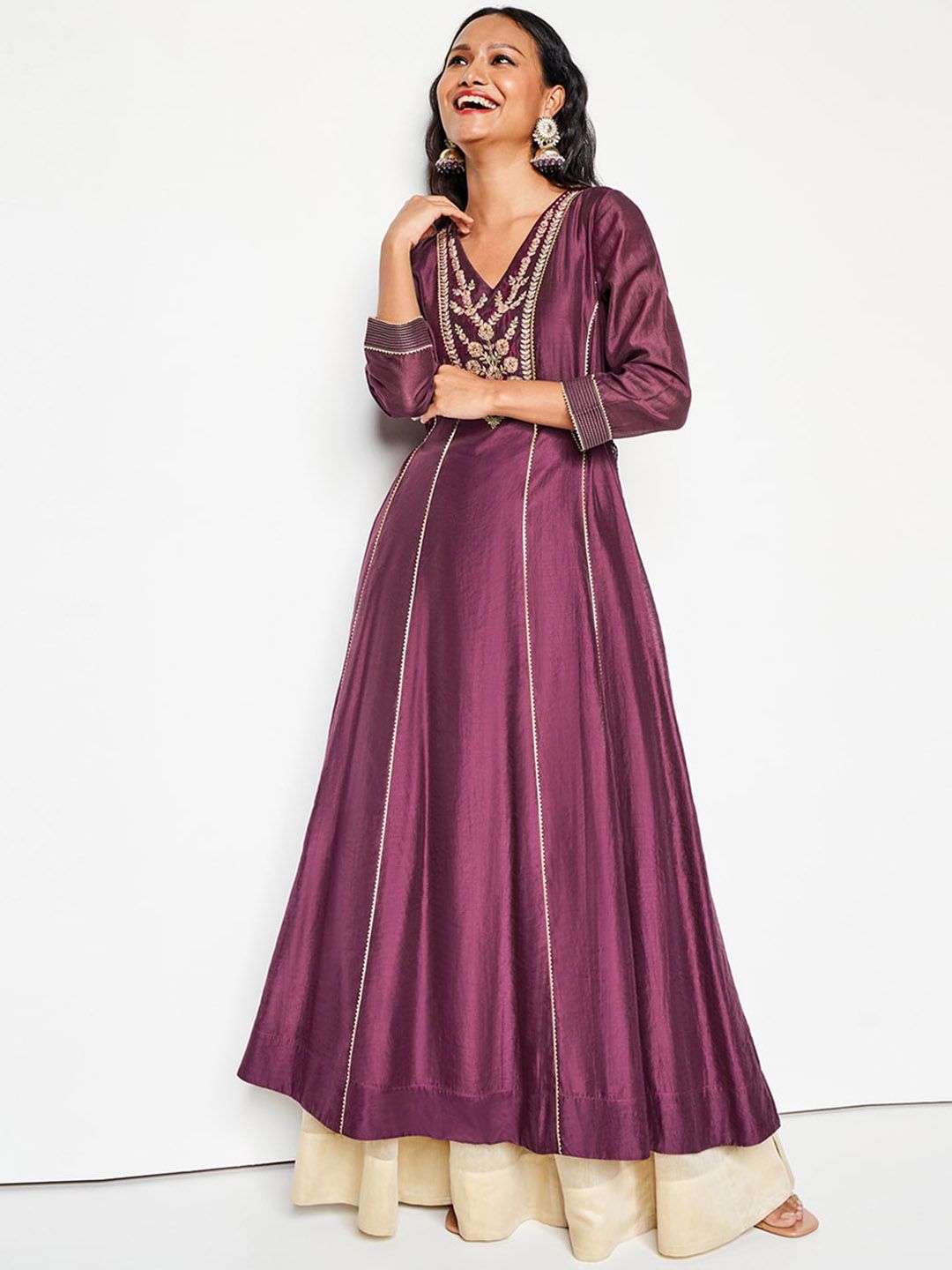 Global Desi V Neck Long Sleeves Ethnic Embroidered A Line Kurta