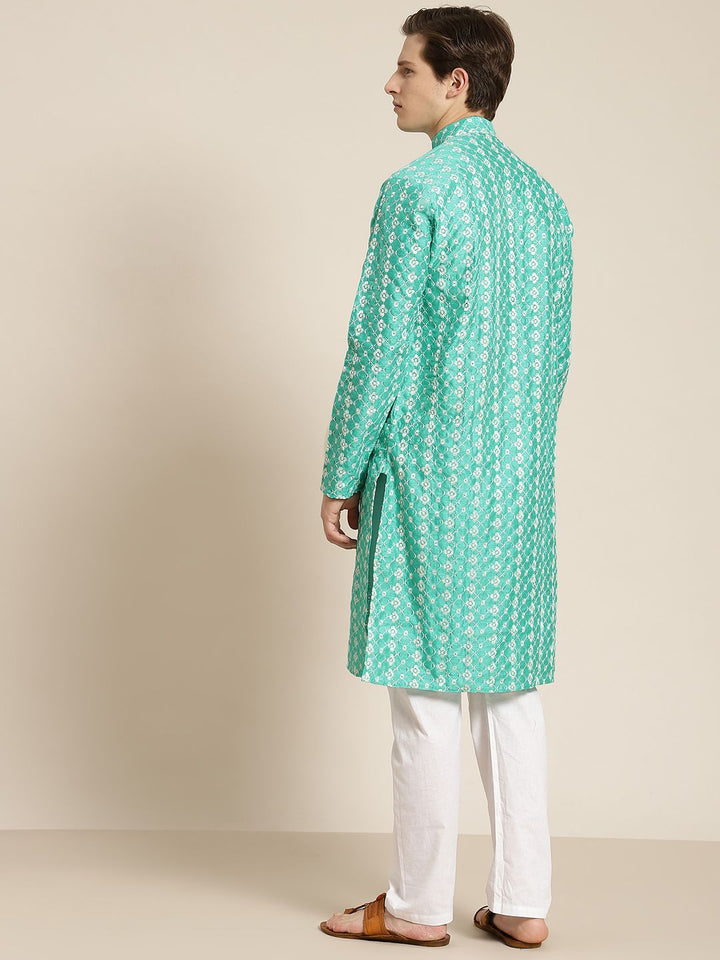 SOJANYA Men Green & White Ethnic Motifs Embroidered Kurta