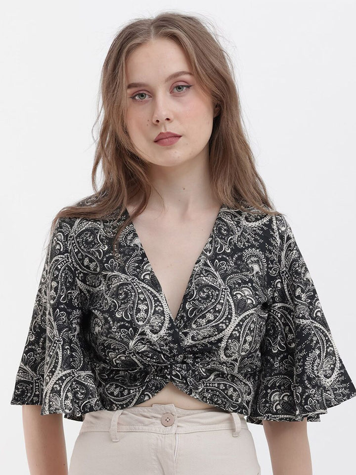 RAREISM Ethnic Motifs V-Neck Cotton Twisted Crop Top