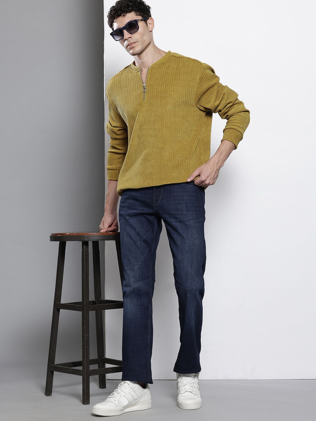 The Indian Garage Co Self Striped Stand Collar Corduroy Relaxed Fit Sweatshirt