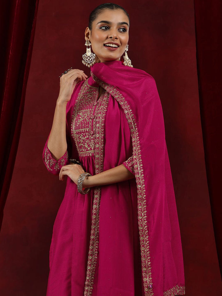 Libas Pink Floral Yoke Design Mandarin Collar Dobby Weave Kurta with Trousers & Dupatta