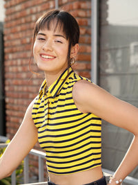 STREET 9 Yellow & White Striped Polo Collar Crop Pure Cotton T-shirt