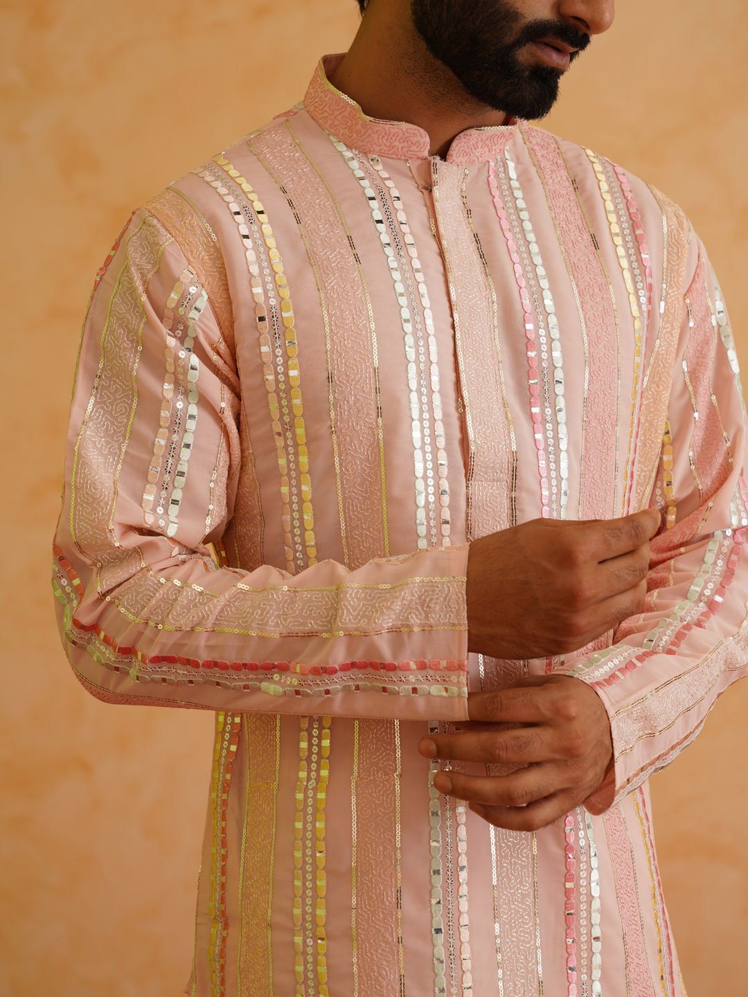SOJANYA LUXE Mandarin Collar Embroidered Regular Kurta with Pyjamas