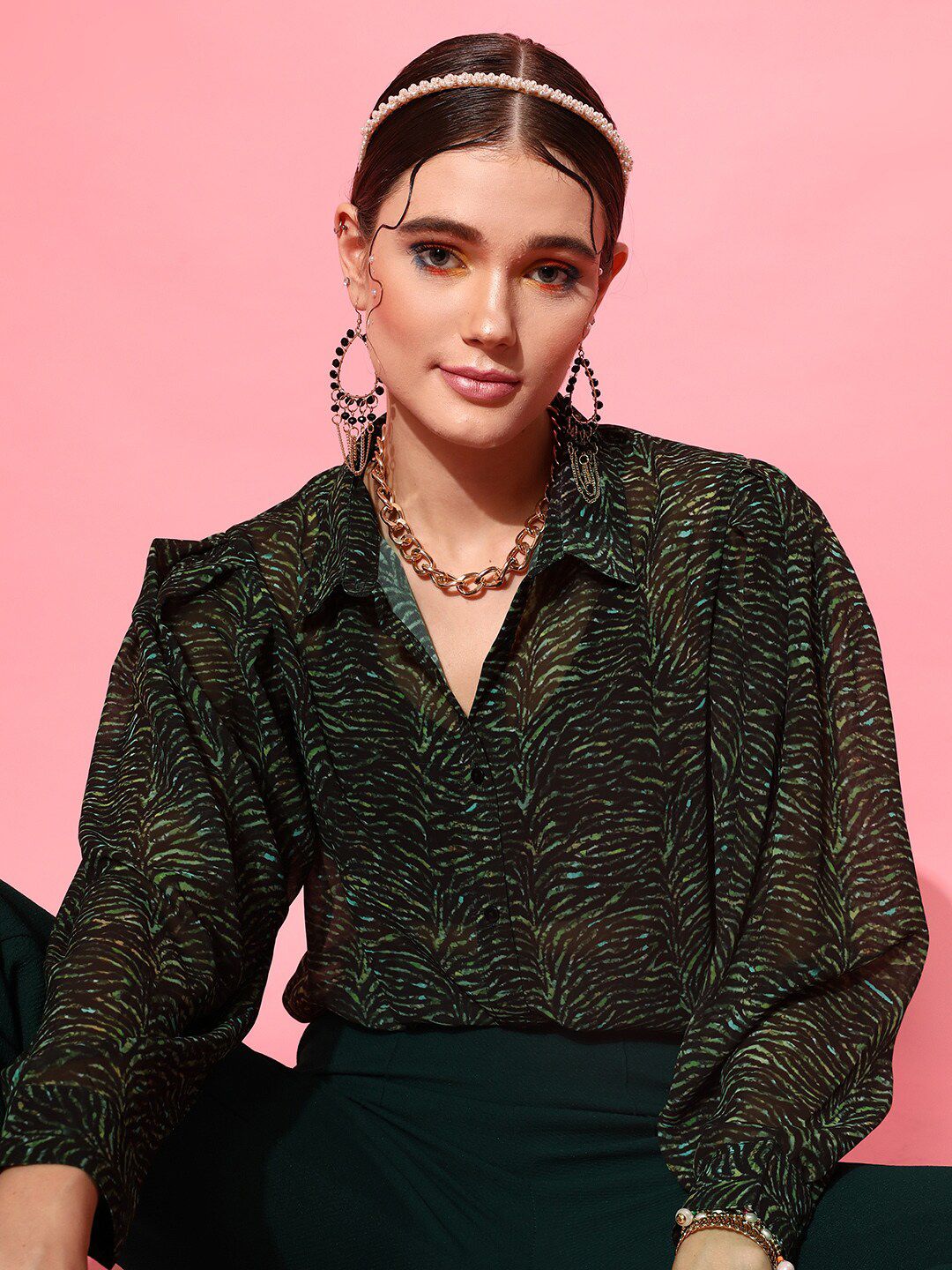 STREET 9 Women Green Comfort Boxy Sheer Printed Casual Shirt