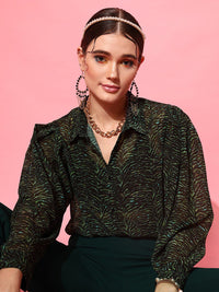 STREET 9 Women Green Comfort Boxy Sheer Printed Casual Shirt