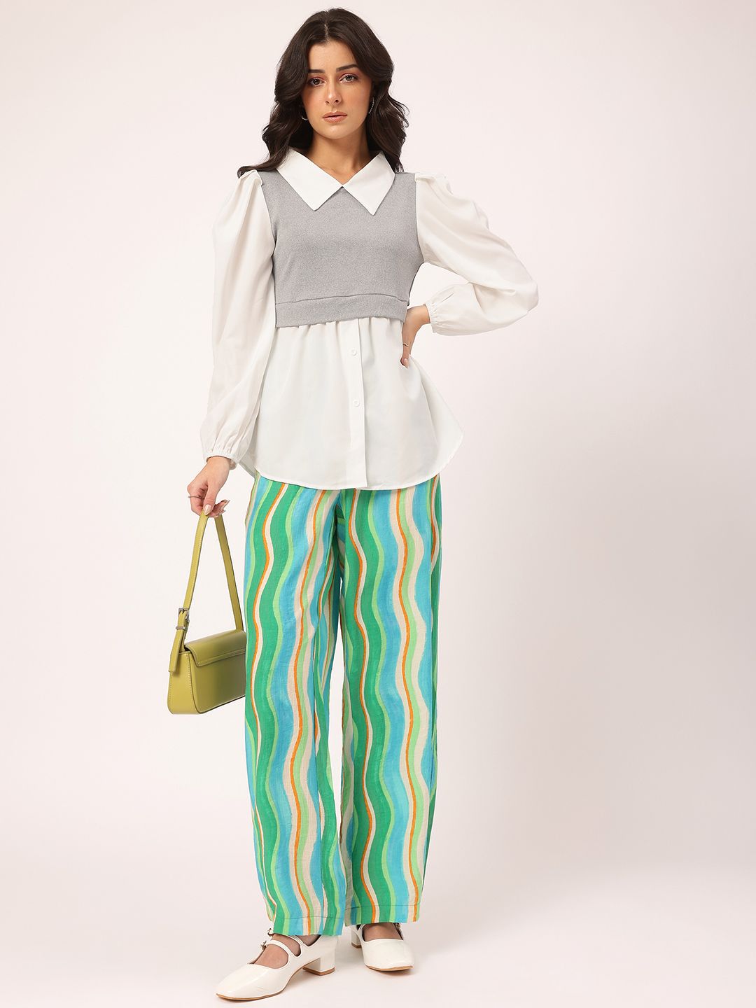 DressBerry Sleek & Simple Layered Detail Puff Sleeves Shirt-Style Longline Top