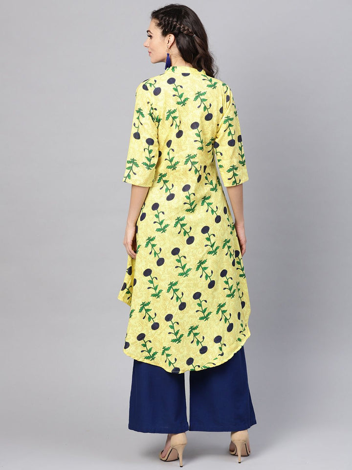 SOJANYA Wanita Kuning & Biru Tentera Laut Bercetak Bunga Kurta A-Line