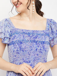 Antheaa Square Neck Abstract Printed Tiered Embellished Chiffon Fit & Flare Midi Dress