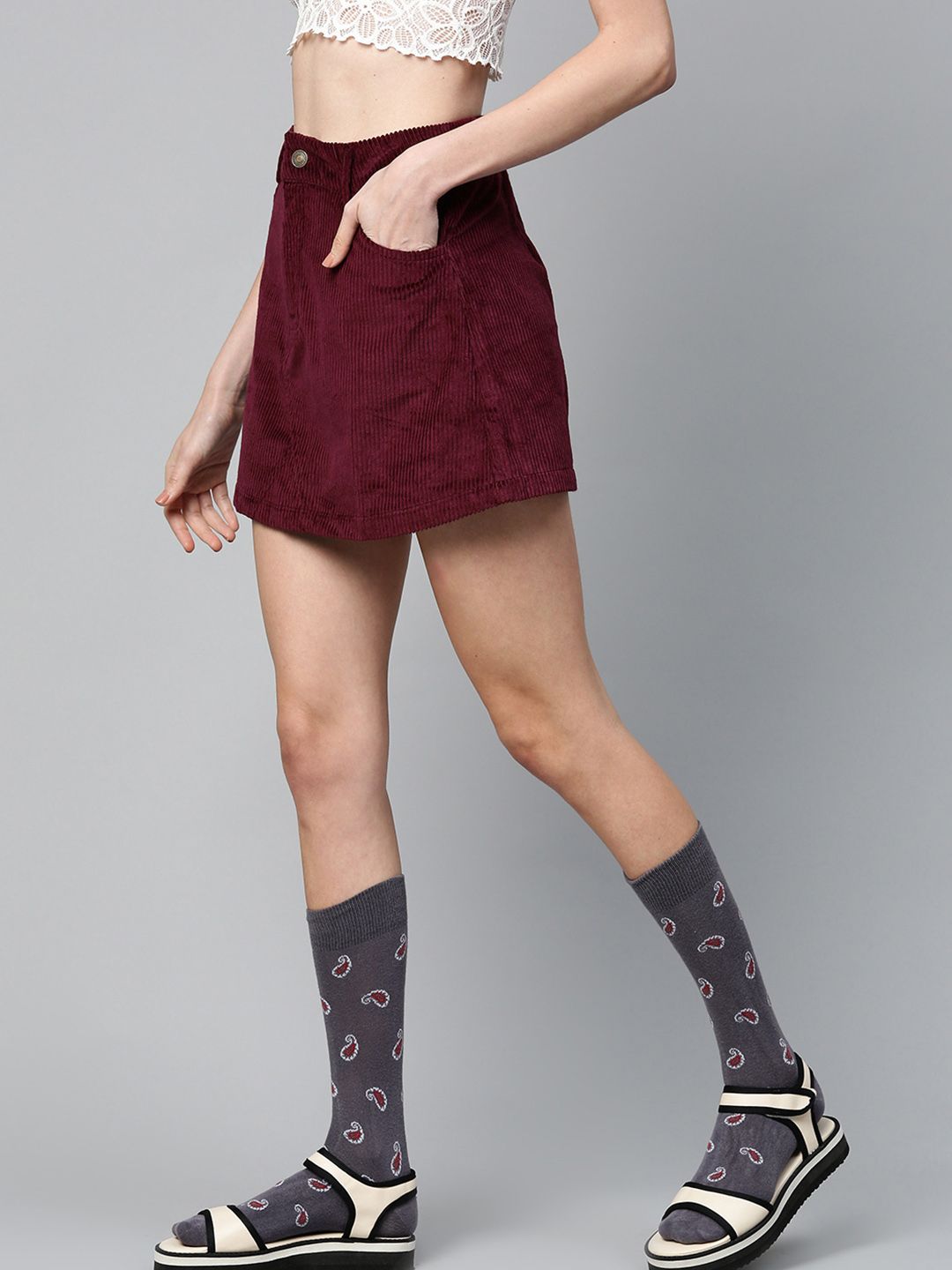 SASSAFRAS Burgundy Self-Striped Corduroy A-Line Mini Pure Cotton Skirt