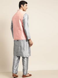 SOJANYA Men Grey & Peach-Coloured Kurta with Pyjamas & Embroidered Nehru Jacket