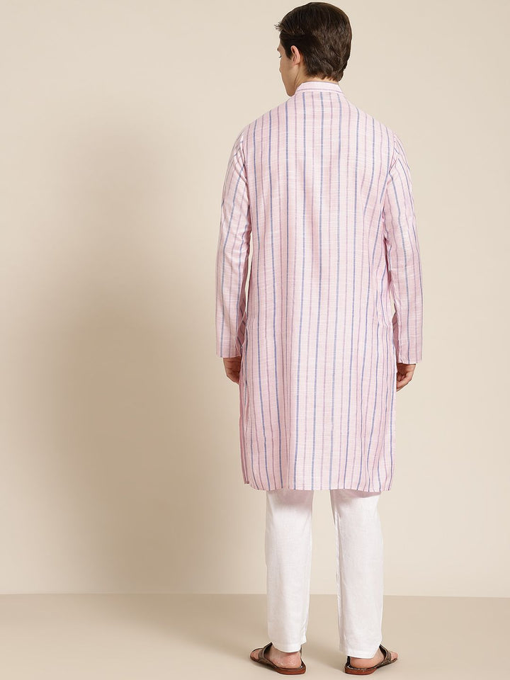 SOJANYA Men Pink & Blue Pure Cotton Striped Kurta