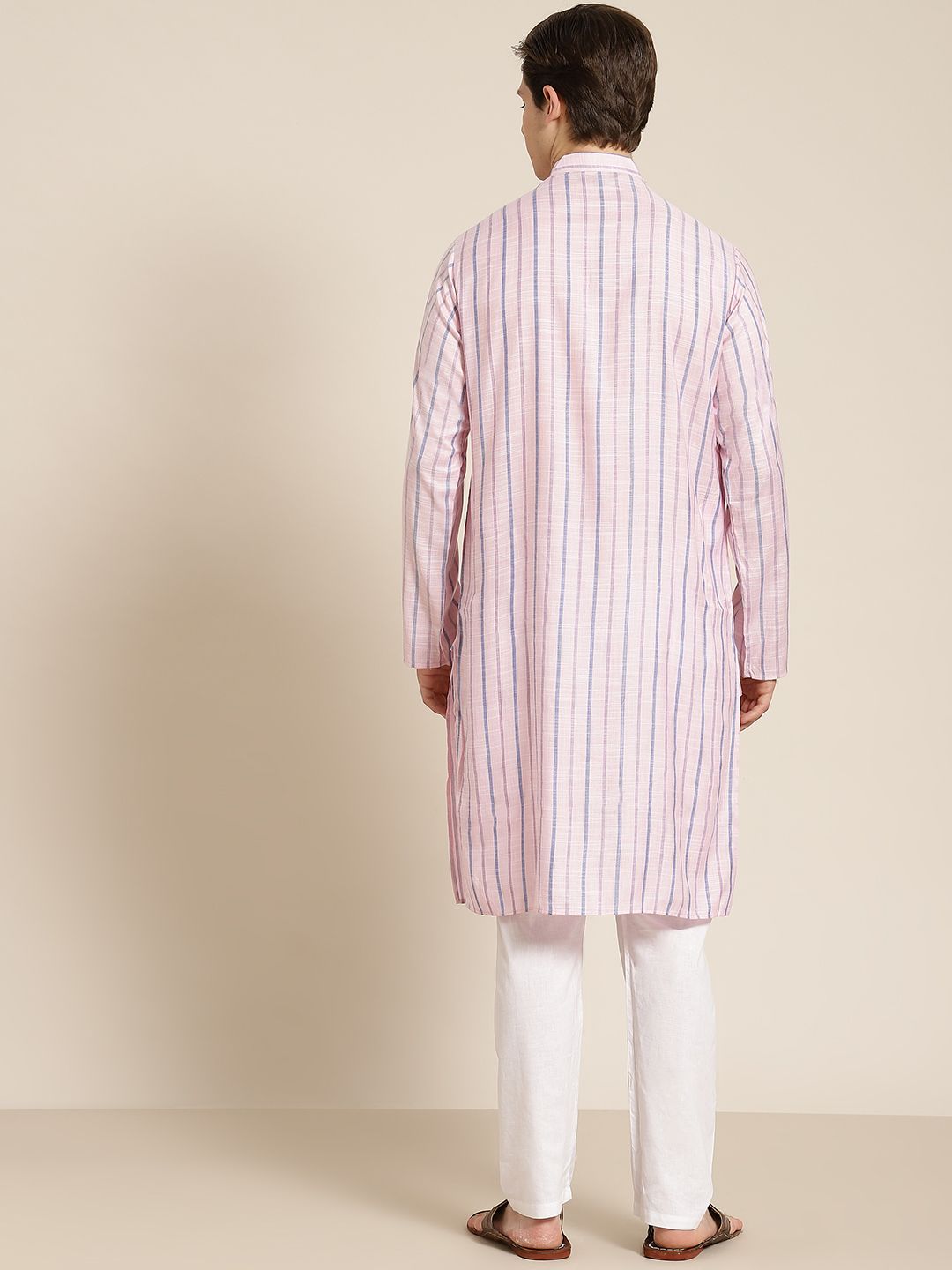 SOJANYA Men Pink & Blue Pure Cotton Striped Kurta