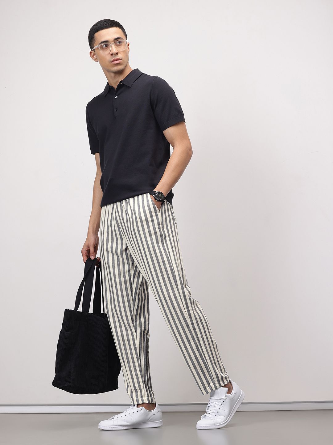 ether Zen Men Striped Cotton Linen Chinos Trousers