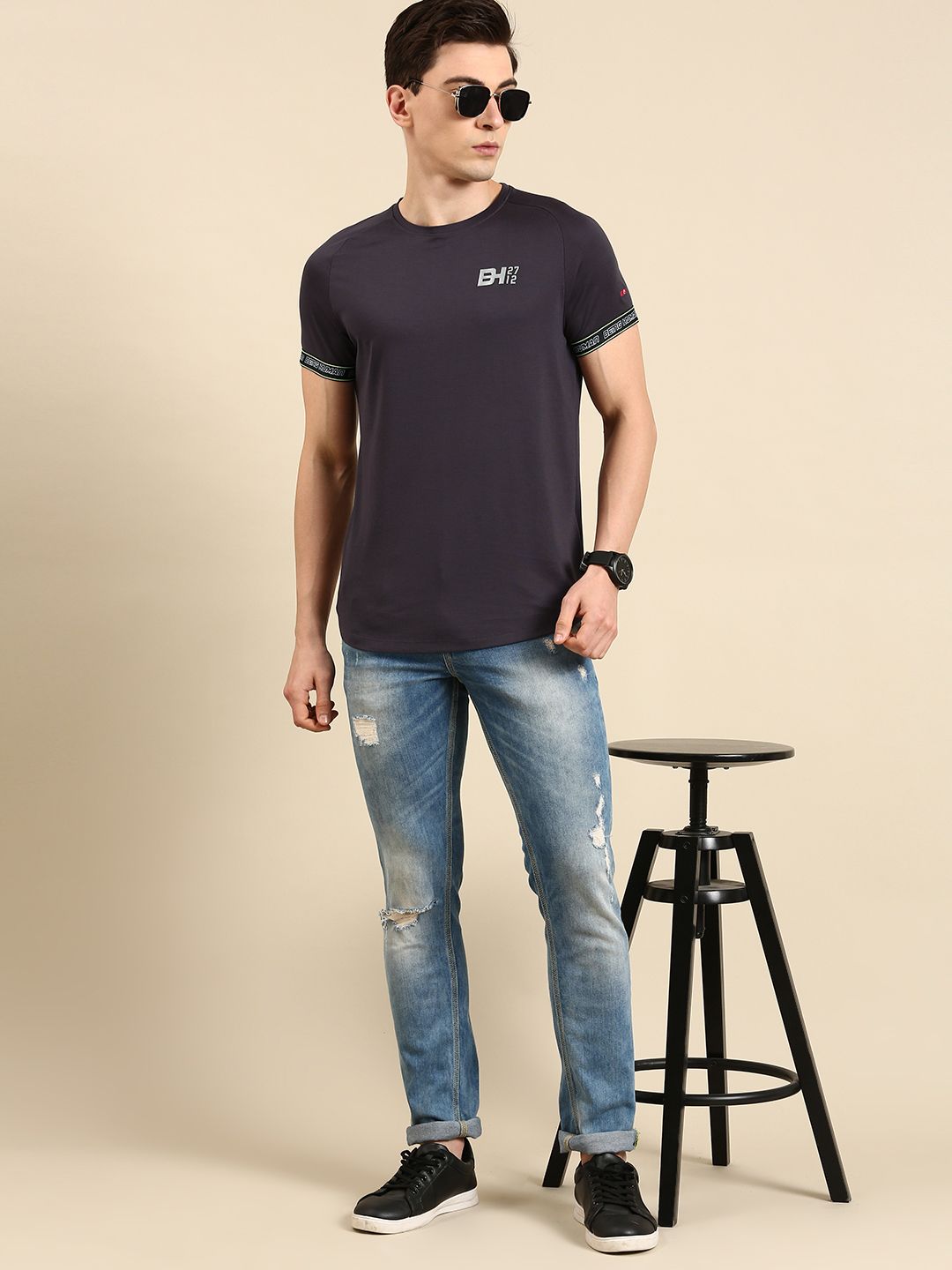 Being Human Men Solid Pure Cotton Applique Casual T-shirt