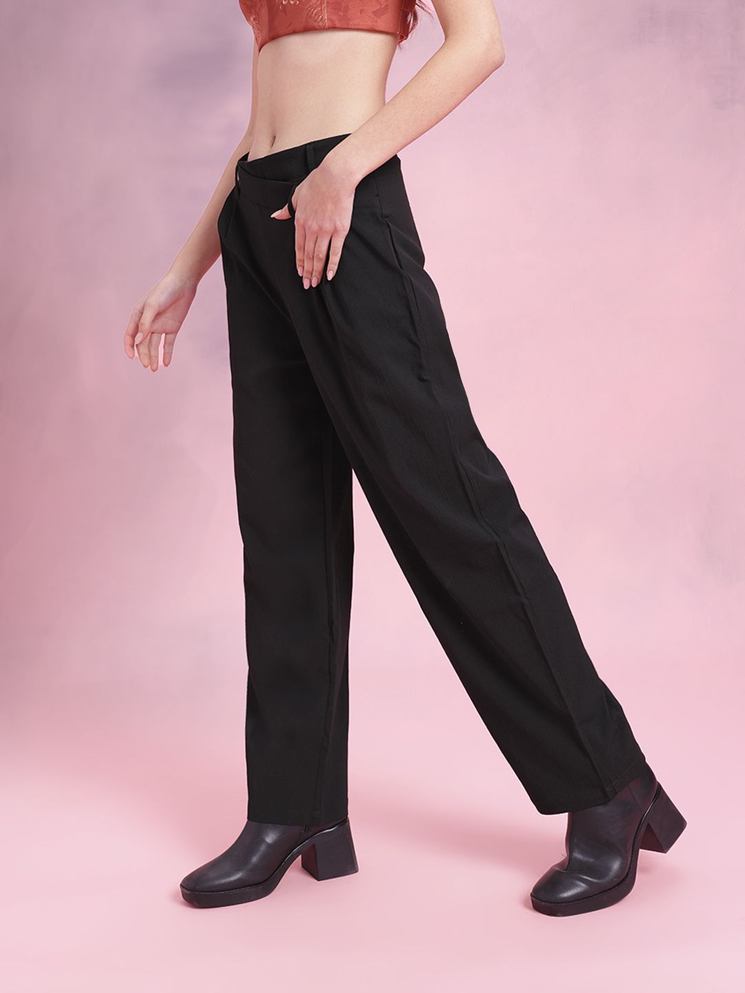 DressBerry Women Classic Cuts Textured Pleated Asymmetric Waist Trousers