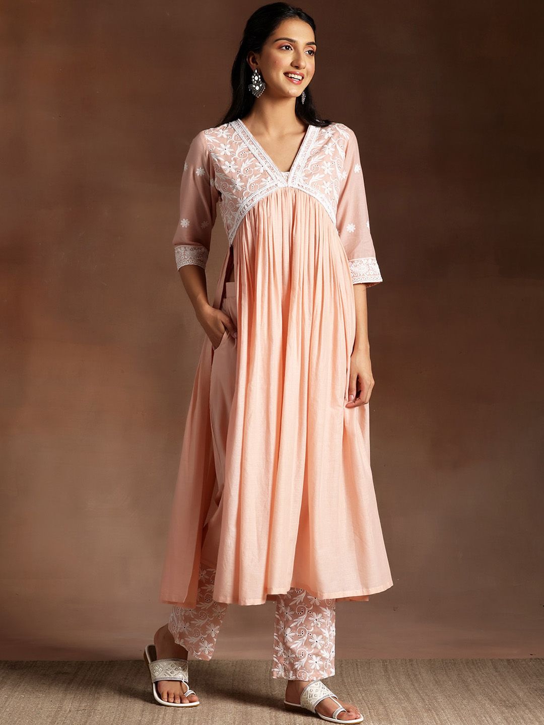 Libas Peach Ethnic Motifs Embroidered V-Neck Thread Work Pure Cotton A-Line Kurta Set