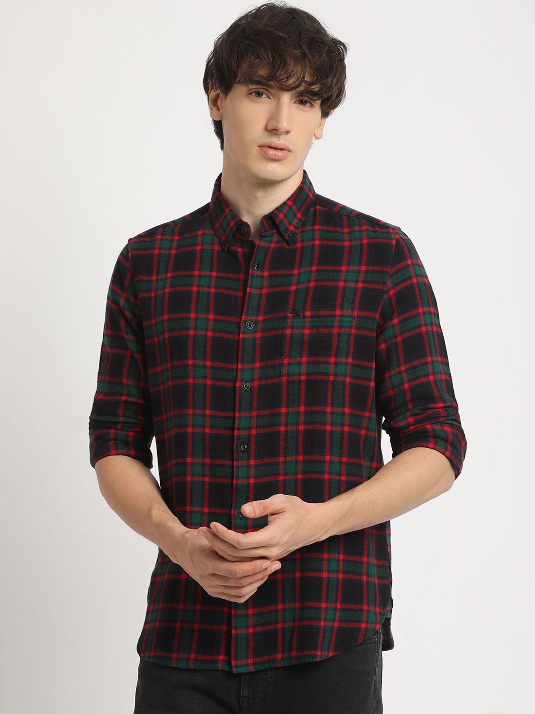 THE BEAR HOUSE Slim Fit Tartan Checked Button Down Collar Pure Cotton Casual Shirt