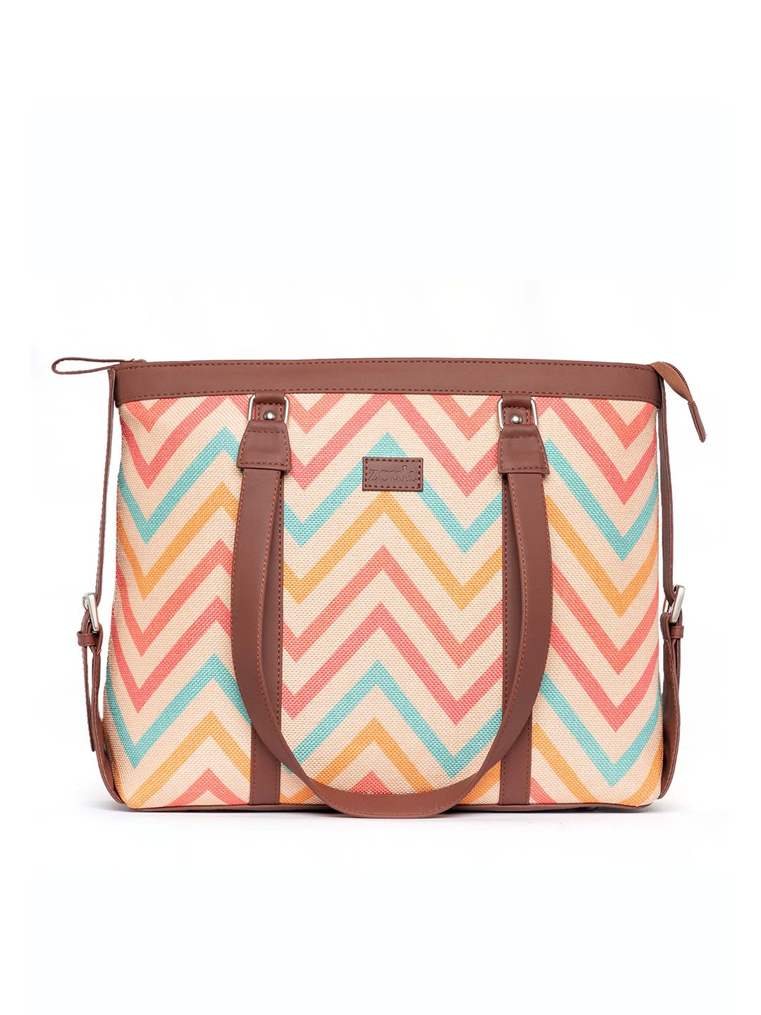 ZOUK Beige Geometric Printed Jute & Leather Structured Sustainable Laptop Shoulder Bag
