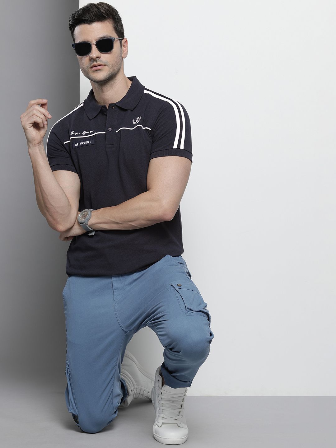 The Indian Garage Co Men Navy Blue Solid Polo Collar Applique Detail Slim Fit T-shirt