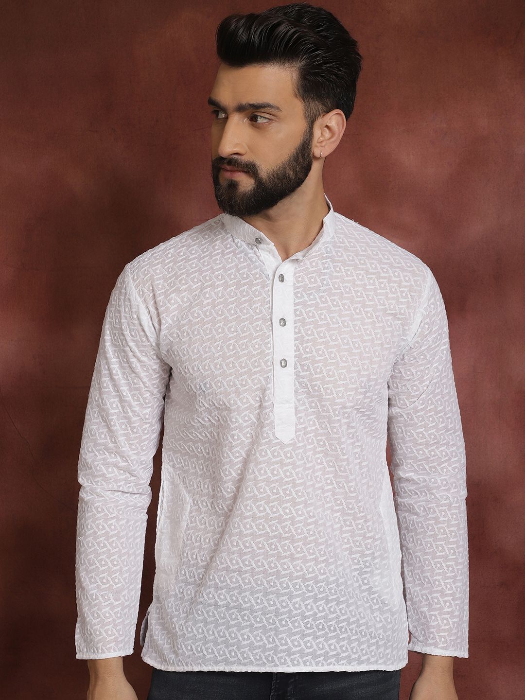 SOJANYA Geometric Embroidered Band Collar Pure Cotton Kurta
