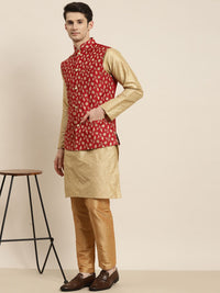 SOJANYA Men Golden & Red Kurta with Churidar & Nehru Jacket