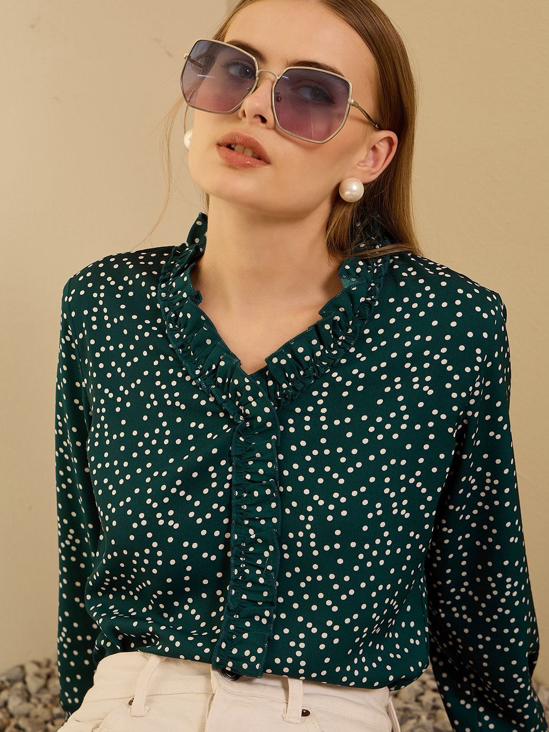 Berrylush V-Neck Polka Dots Printed Top