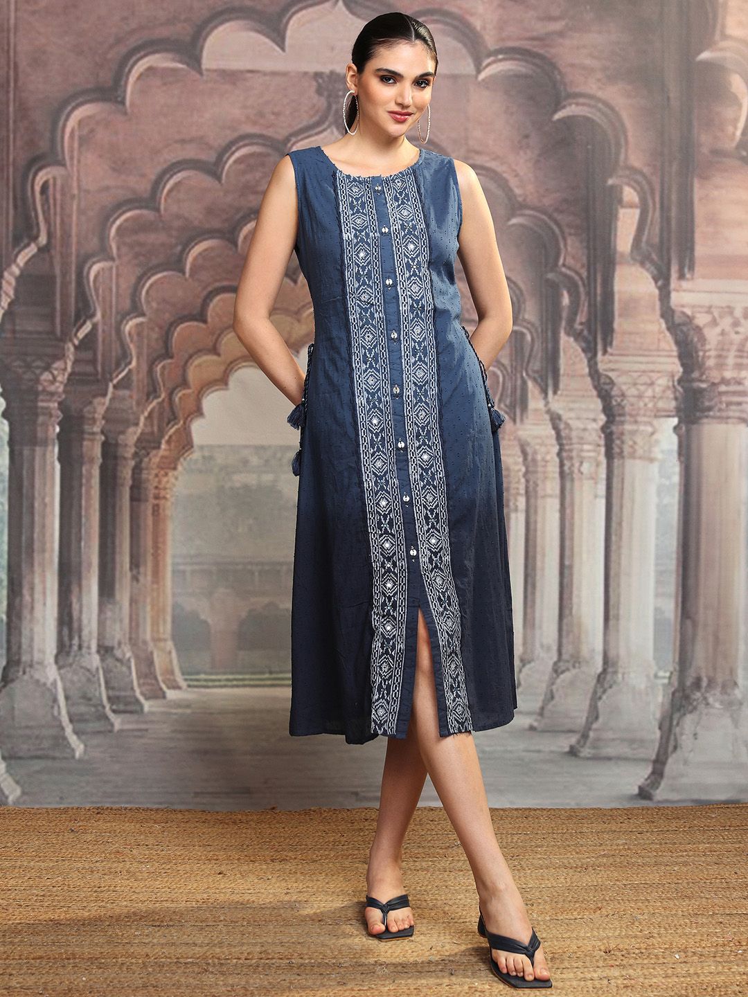 Vishudh Geometric Printed Embroidered Cotton Midi A-Line Dress