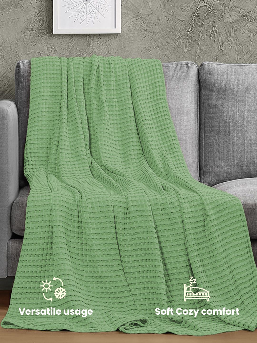 URBAN SPACE Green Checked AC Room 150 GSM Cotton Double Bed Waffle Weave Blanket
