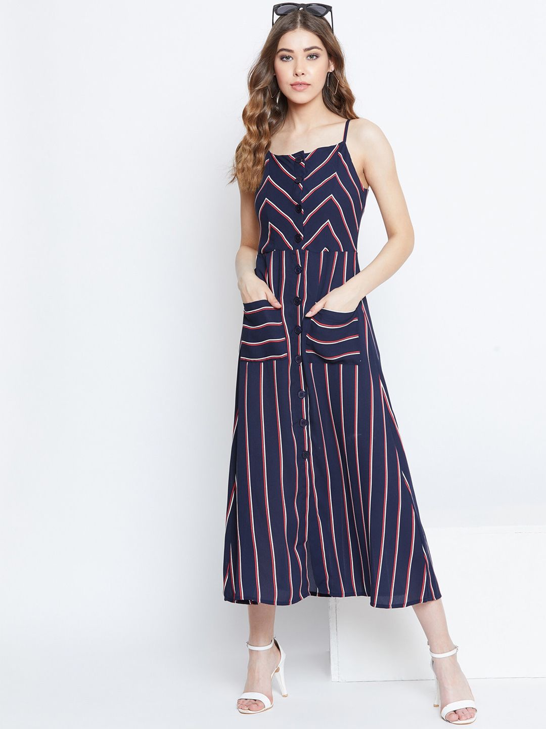 Berrylush Women Navy Blue & Red Striped A-Line Dress