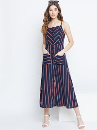 Berrylush Women Navy Blue & Red Striped A-Line Dress