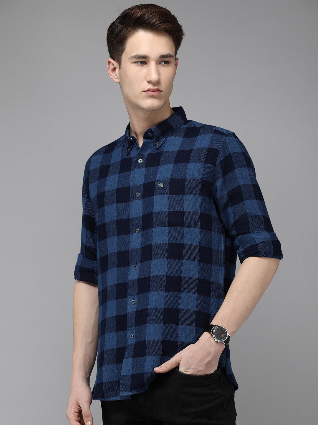THE BEAR HOUSE Men Flannel Cotton Slim Fit Windowpane Checked Casual Shirt
