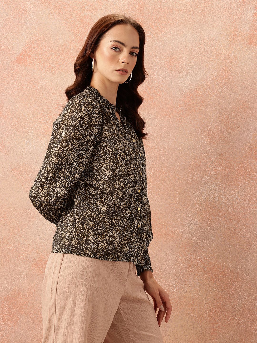 all about you Floral Print Ruffles Detail Georgette Semi-Sheer Button-Down Shirt-Style Top
