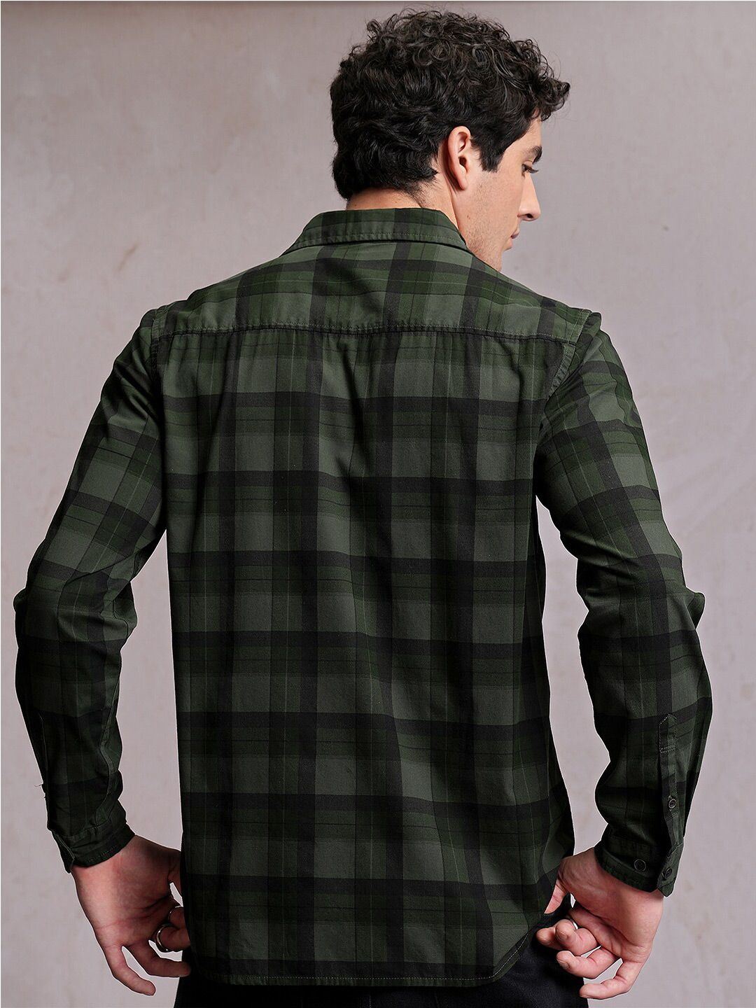 Locomotive Men Green Checked Regular Shirt