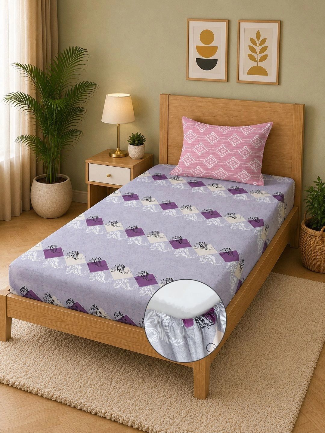 Moda Rapido X KLOTTHE Ungu & Merah Jambu Geometrik 400 TC Cadar Bujang dengan 1 Sarung Bantal
