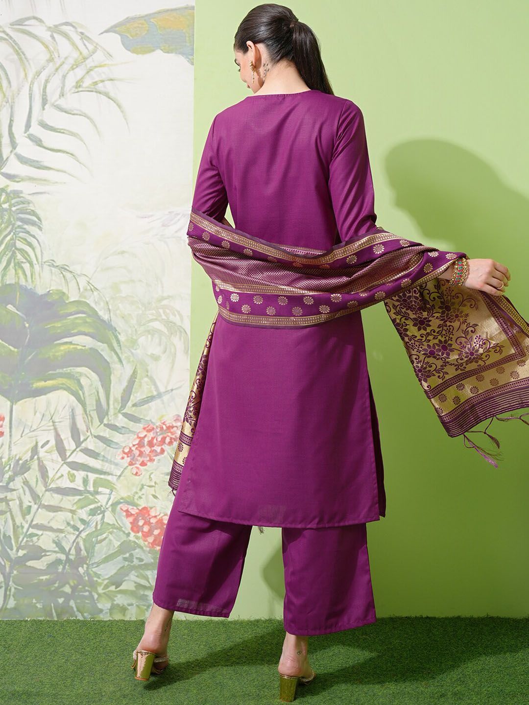 Vishudh Purple Yoke Design Thread Work Straight Kurta With Palazzos & Dupatta