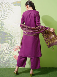 Vishudh Purple Yoke Design Thread Work Straight Kurta With Palazzos & Dupatta