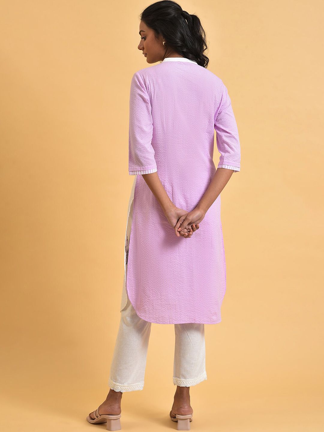 W Floral Printed Mandarin Collar Pure Cotton Straight Kurta