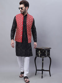 SOJANYA Leheriya Embroidered Sequinned Pure Cotton Kurta with Pyjamas & Nahru Jacket