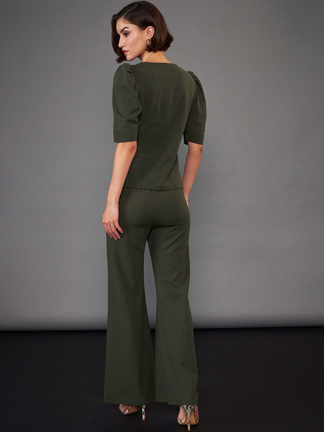 SASSAFRAS worklyf Olive Green Puff Sleeves Top & Trousers Co-Ords