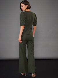 SASSAFRAS worklyf Olive Green Puff Sleeves Top & Trousers Co-Ords
